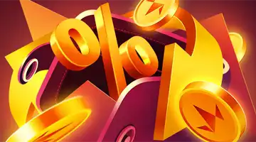 Изображение золотого символа процента в окружении золотых монет, символизирующее кэшбэк-бонус в Gold Интернет-казино.